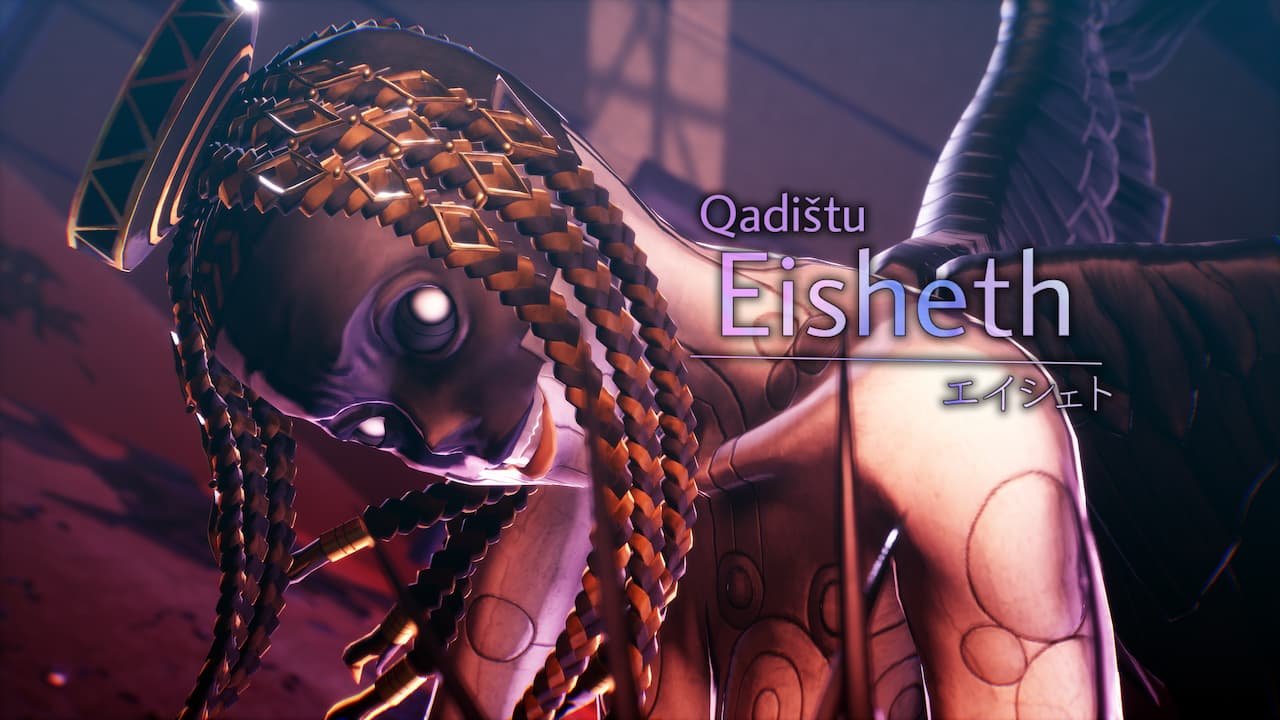 a video game screenshot or title card of the qaditsu character eisheth from smtv vengeance