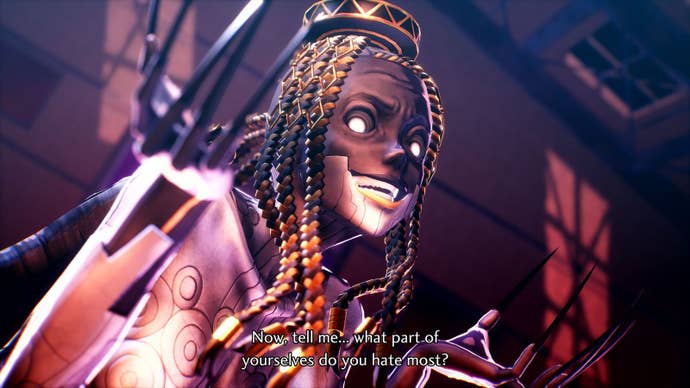 a video game screenshot of character eisheth from smtv vengeance with subtitles, 'now tell me... which part of yourselves do you hate the most?'