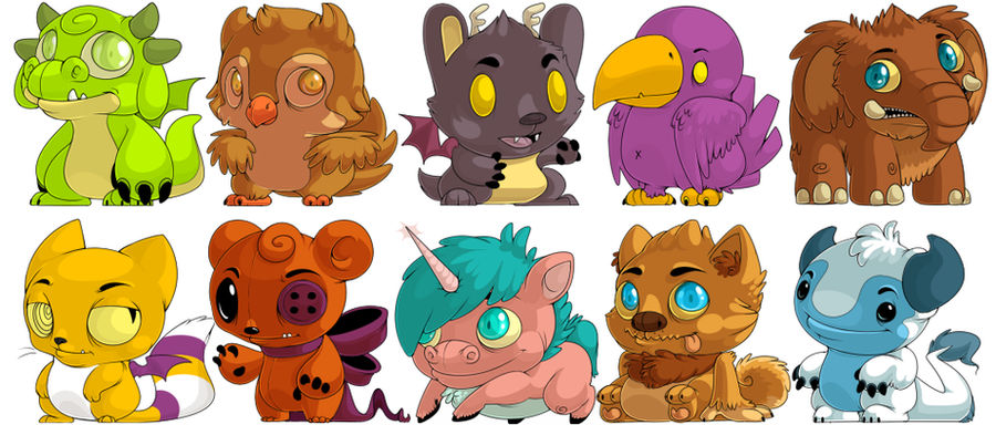 artwork of the various pets with their natural colors from an old virtual pet game called pet rpg