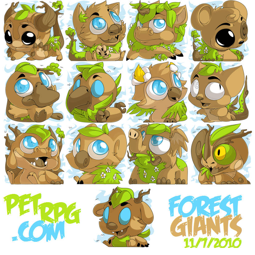 artwork of the various pets with the forest giants color from an old virtual pet game called pet rpg