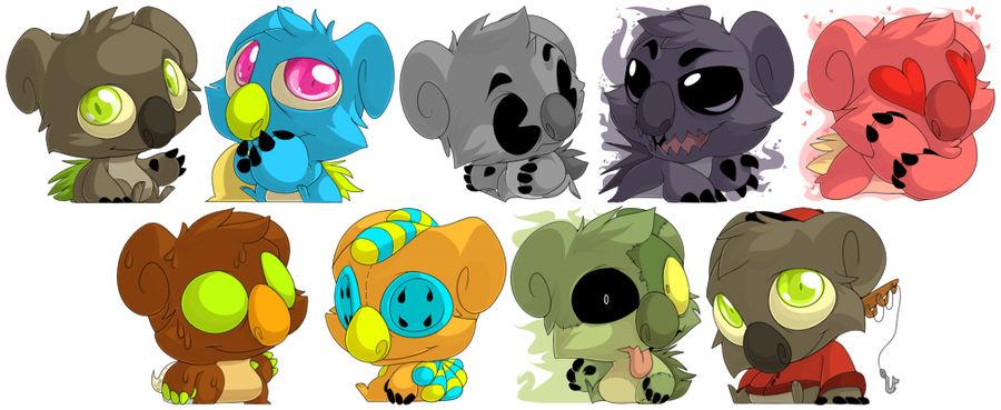 artwork of the kopa pet and its various colors from an old virtual pet game called pet rpg