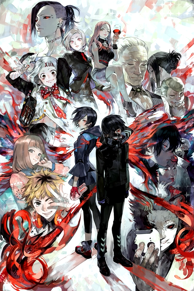 artwork of many characters from the tokyo ghoul series